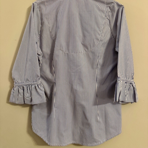 NWT Gretchen Scott Priss Brooks Navy & White Striped Ruffle Cuff Blouse – Medium - Picture 3 of 5